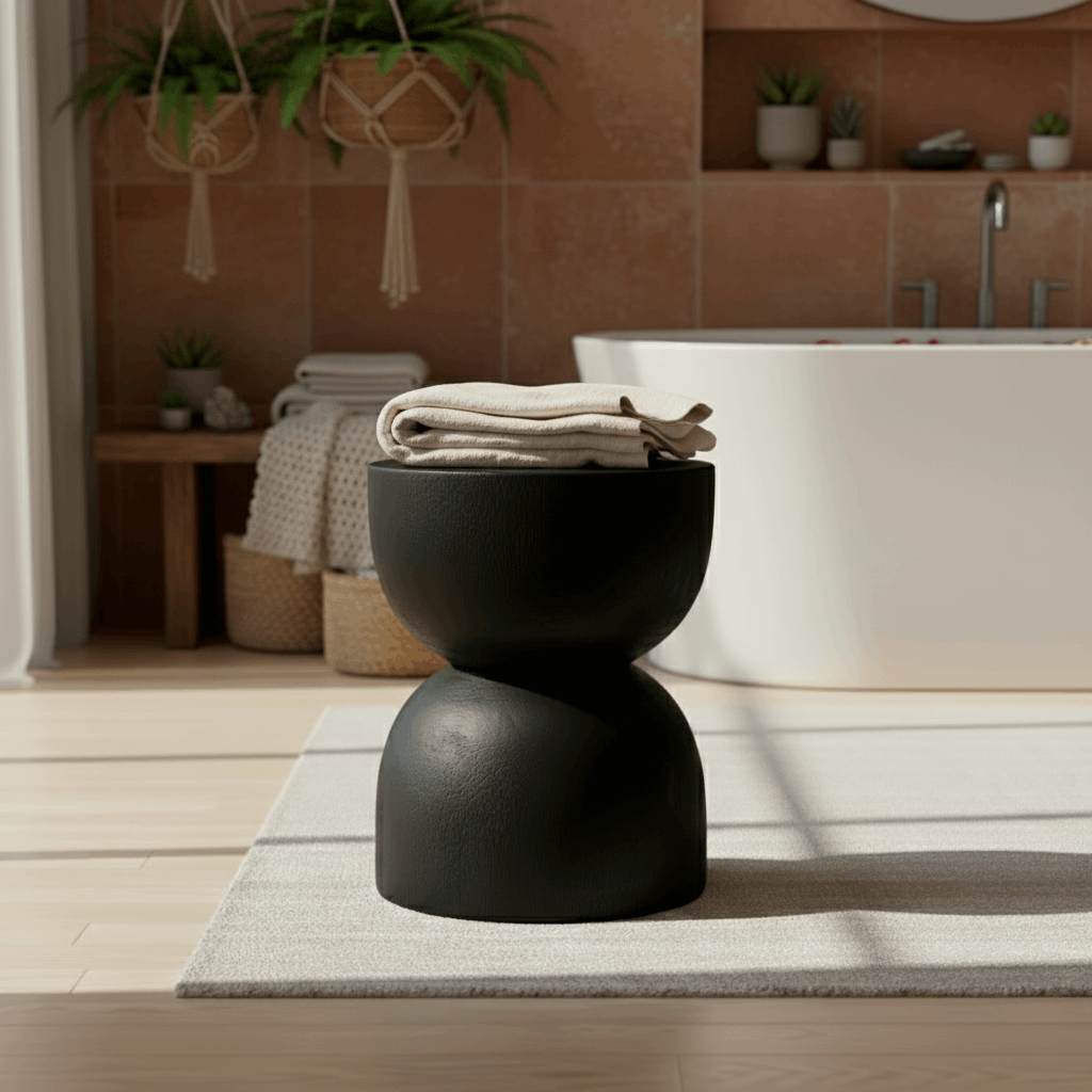 Handmade black wooden stool with folded towel in modern bathroom, Kayu Living furniture
