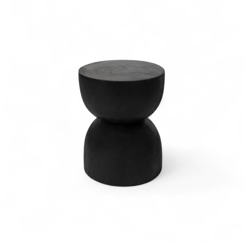 Handmade black wooden stool with modern hourglass design from Kayu Living