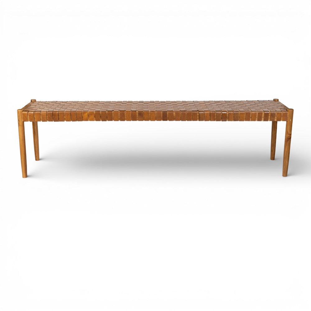 Wooden bench with woven top on a white background