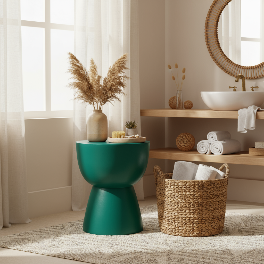 Modern bathroom interior with a green stool, woven basket, and decorative elements.