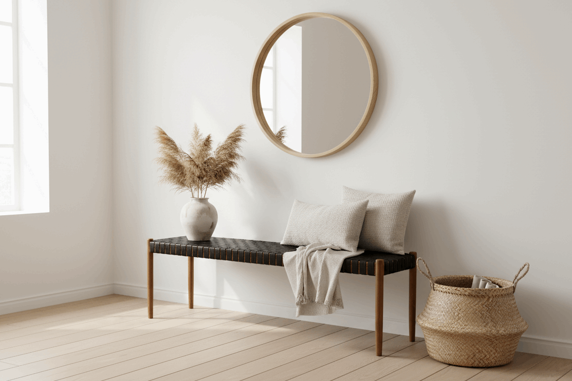 Minimalist interior with a bench, mirror, and decorative items against a white wall.