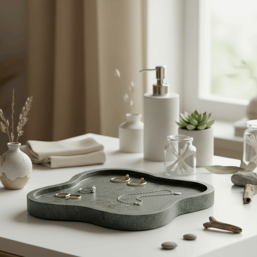 Decorative tray with jewelry on a white surface with a neutral background