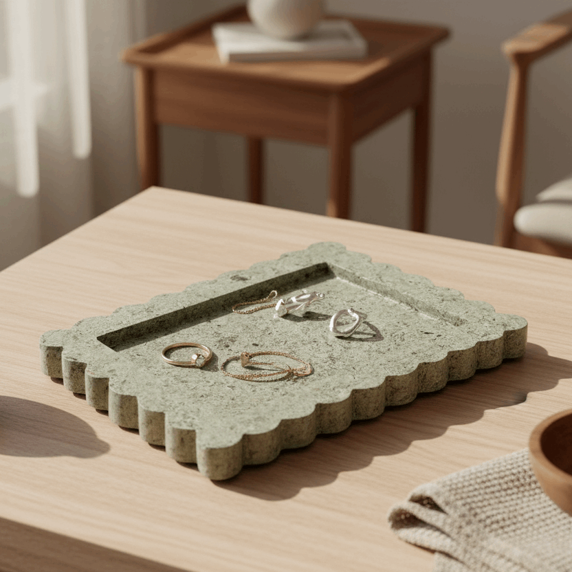 Decorative stone tray with rings on a wooden table in a softly lit room.
