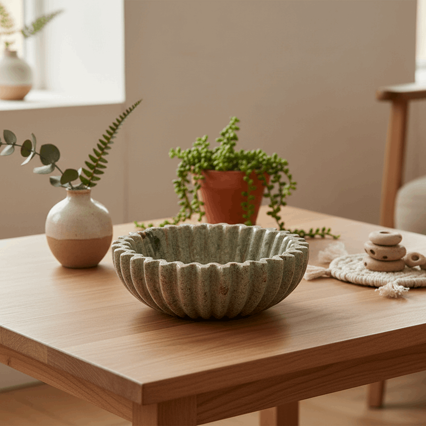 Wooden coffee table with decorative items including a bowl, vases, and plants in a home setting.