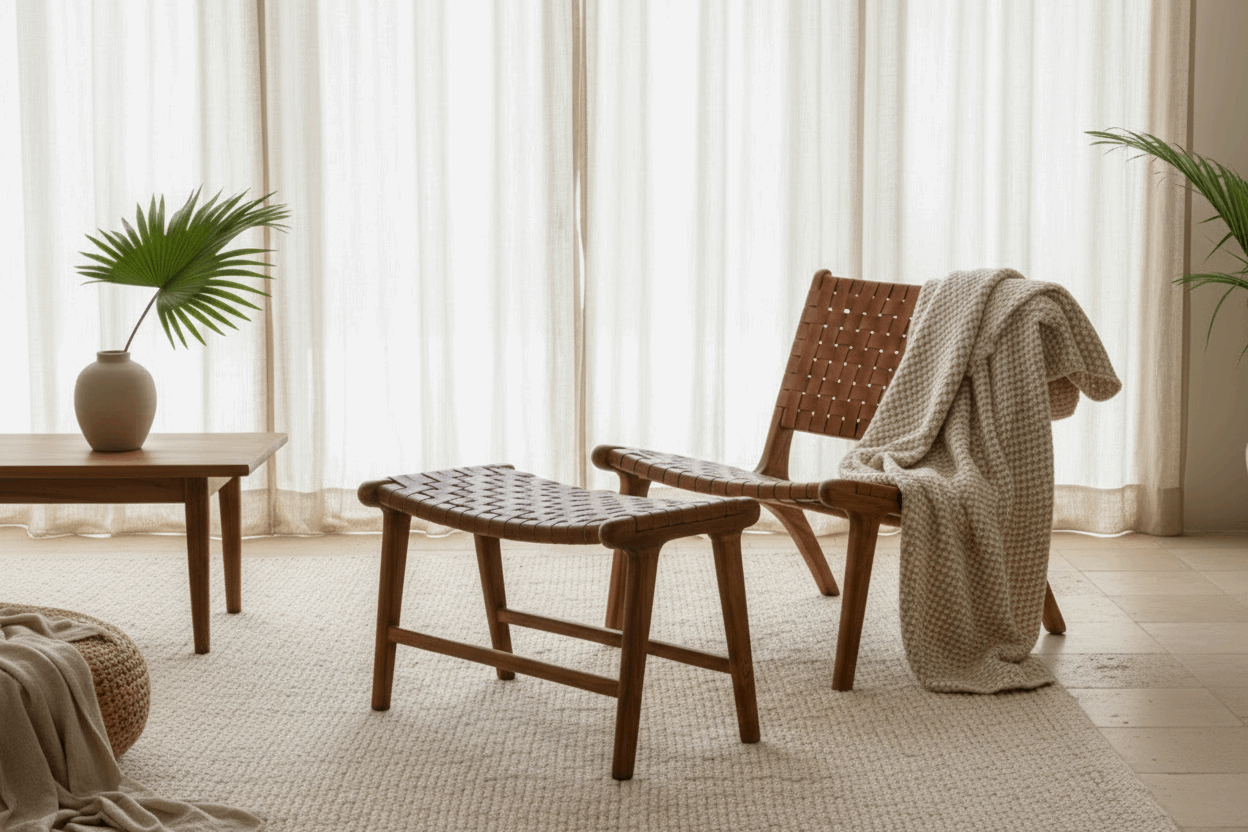Wooden chair and ottoman in a room with light curtains and a plant.