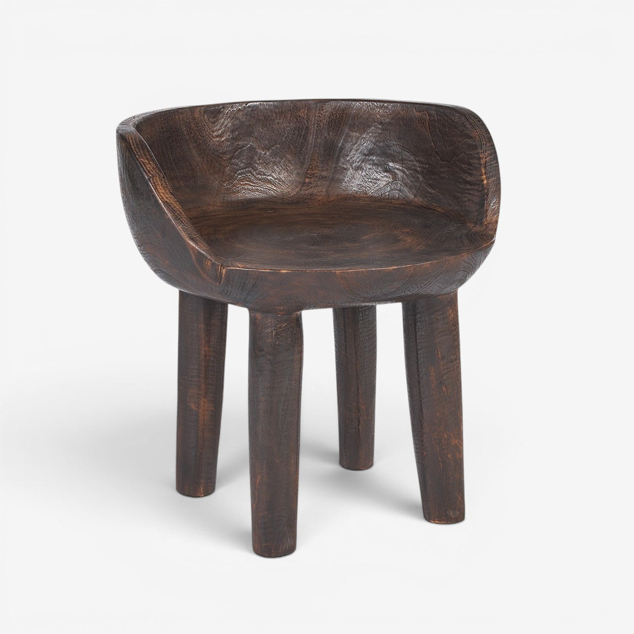 Dark walnut low chair from Bazar Bizar Antwerp, The Sit Happens collection, featuring a sleek, modern design with wooden legs and upholstered seat.