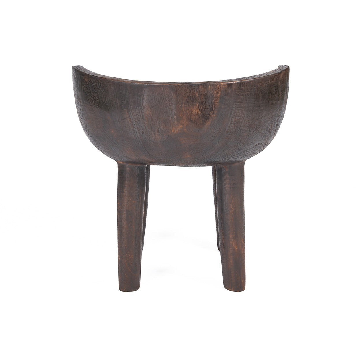 Dark walnut low chair from Bazar Bizar Antwerp, The Sit Happens collection featuring sleek wooden legs and a comfortable seat.