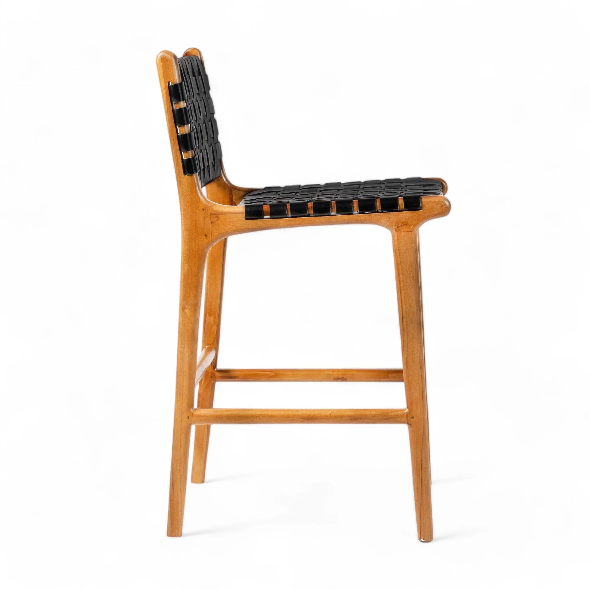 Handmade wooden bar stool with black woven seat from Kayu Living, side view