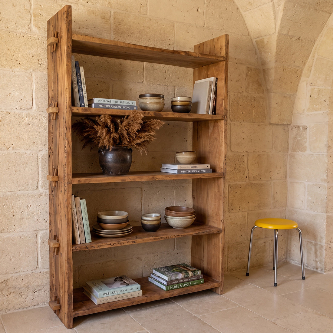 Raw Materials Farmwood storage rack showing multiple wooden shelves and sturdy frame for organizing household or workshop items