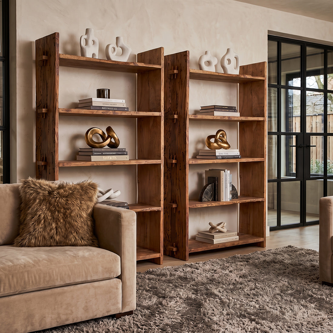 Raw Materials Farmwood storage rack with multiple wooden shelves for organized storage and rustic farmhouse style.