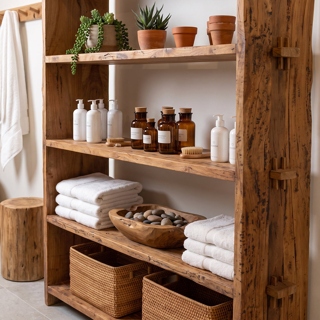 Raw Materials Farmwood storage rack with multiple wooden shelves for organized storage and easy access.