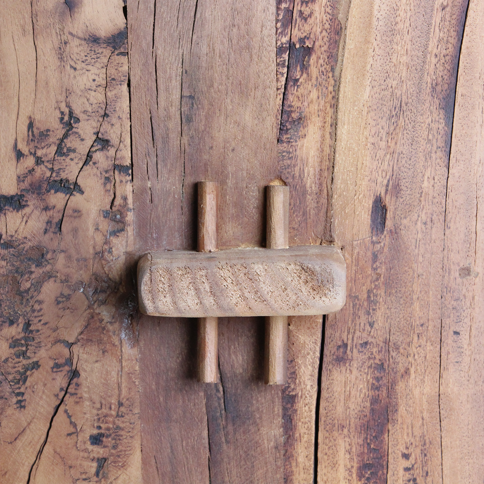Raw Materials Farmwood storage rack with multiple wooden shelves for organized storage and easy access.