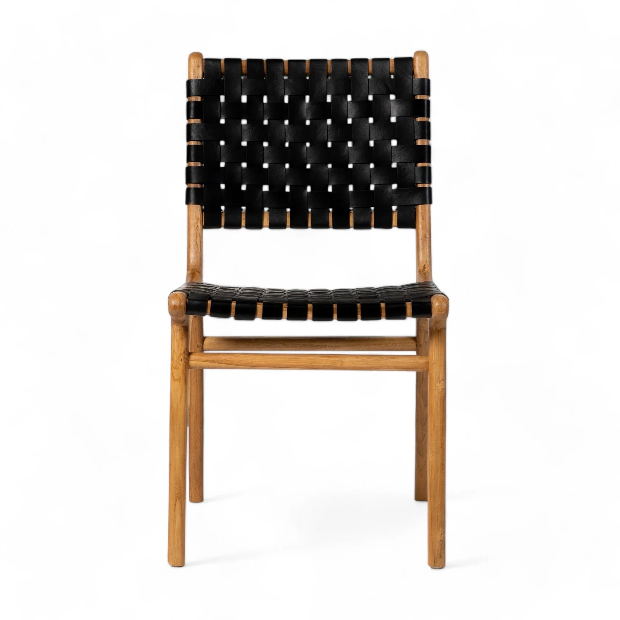 Handmade black woven dining chair with natural teak wood frame from Kayu Living