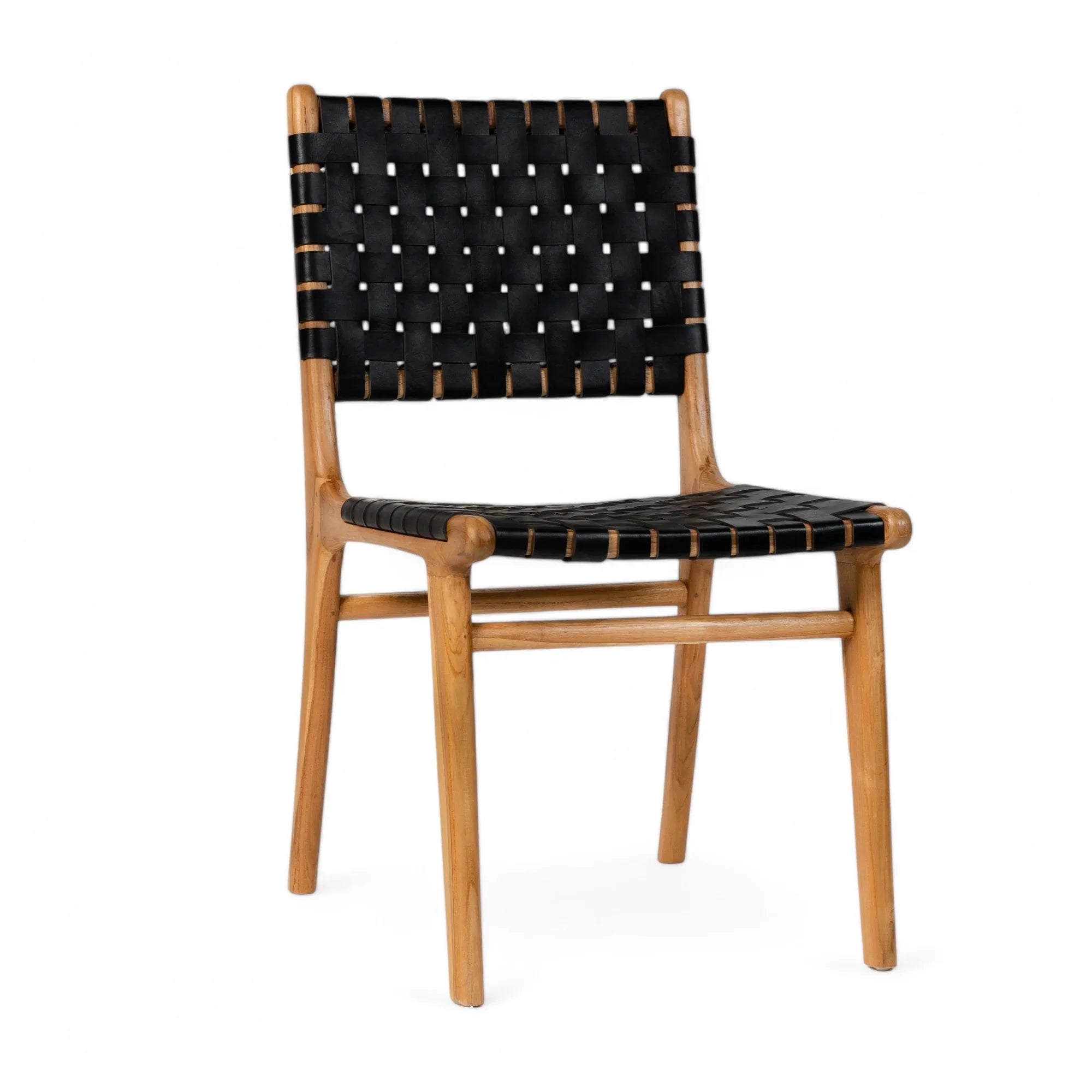 Handmade dining chair with black woven seat and teak wood frame from Kayu Living