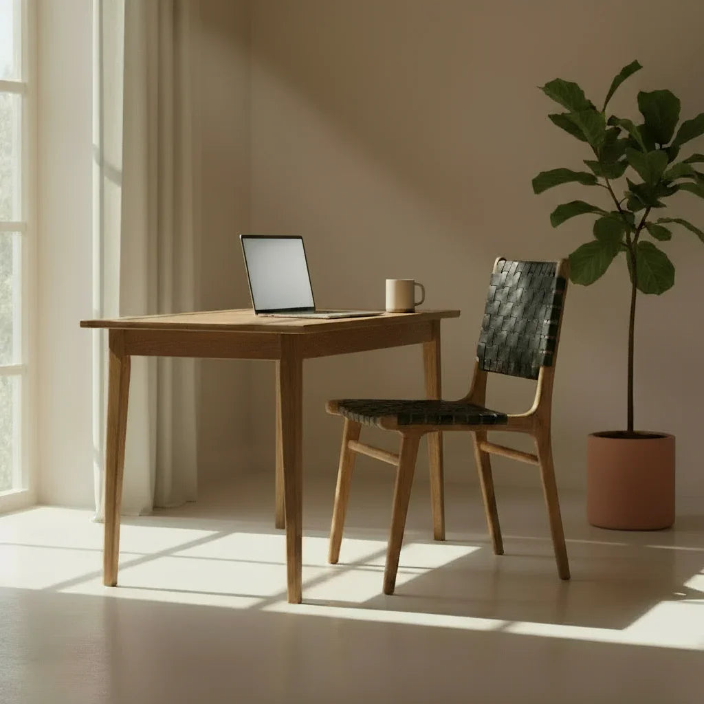 Handmade black woven dining chair with wooden frame beside a wooden table in sunlit room