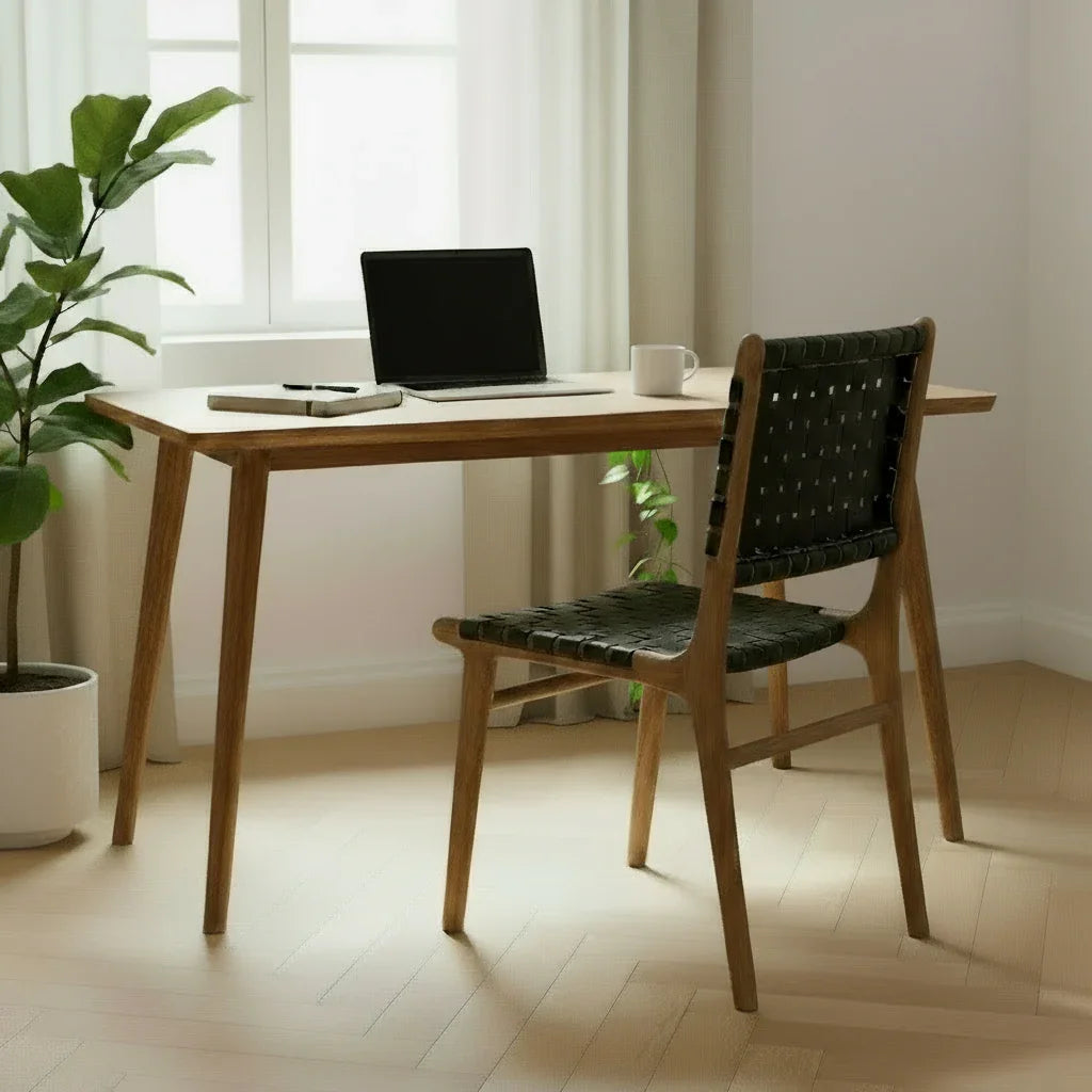 Handmade black woven dining chair with wooden frame in modern home office, Kayu Living furniture