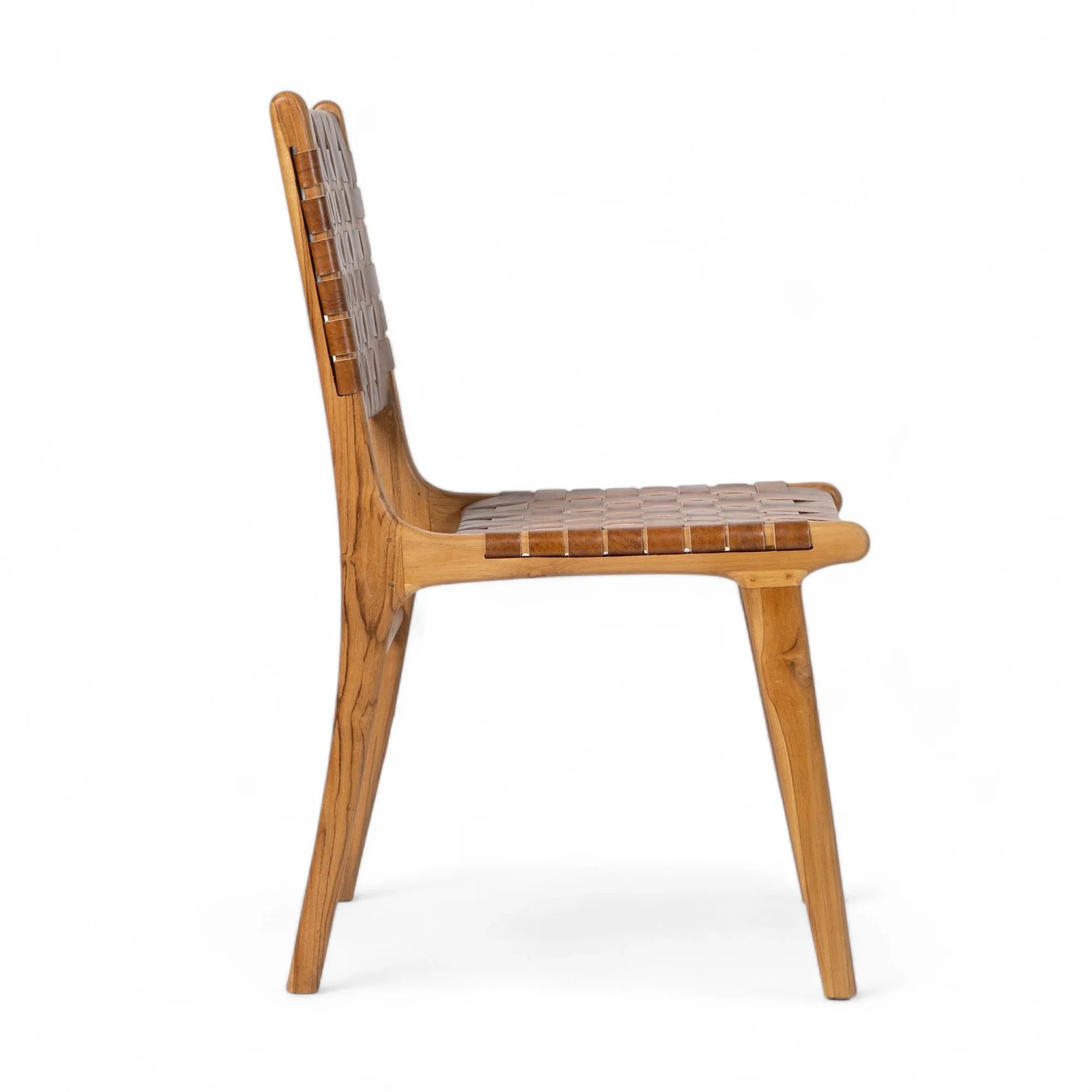 Handmade dining chair with woven leather seat and teak wood frame by Kayu Living