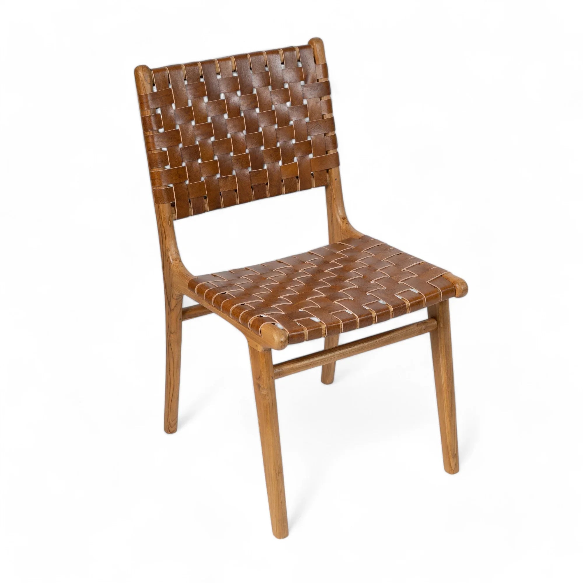 Handmade wooden dining chair with woven leather seat by Kayu Living