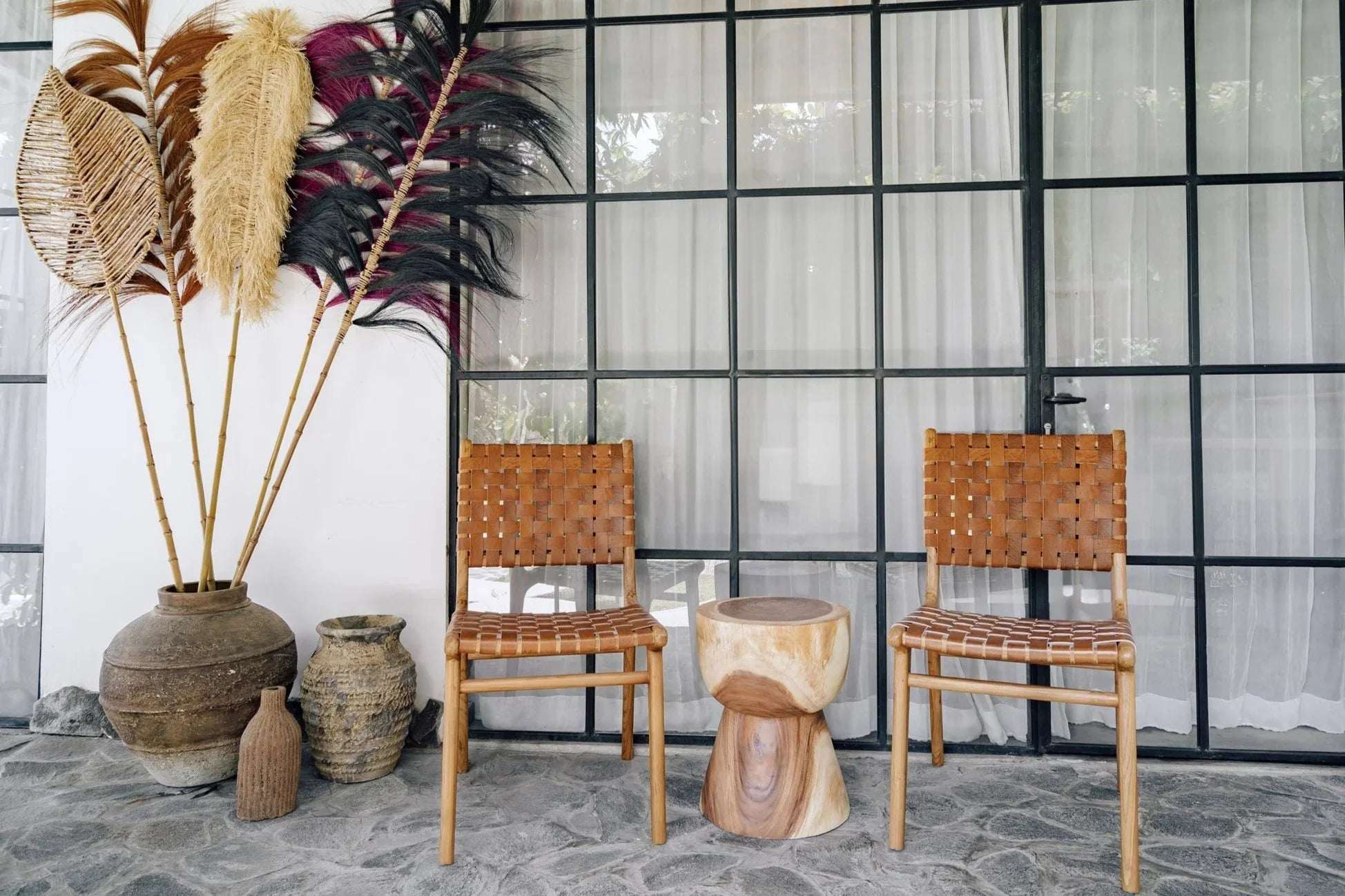 Handcrafted chairs and wooden stool with natural vases, Kayu Living sustainable furniture