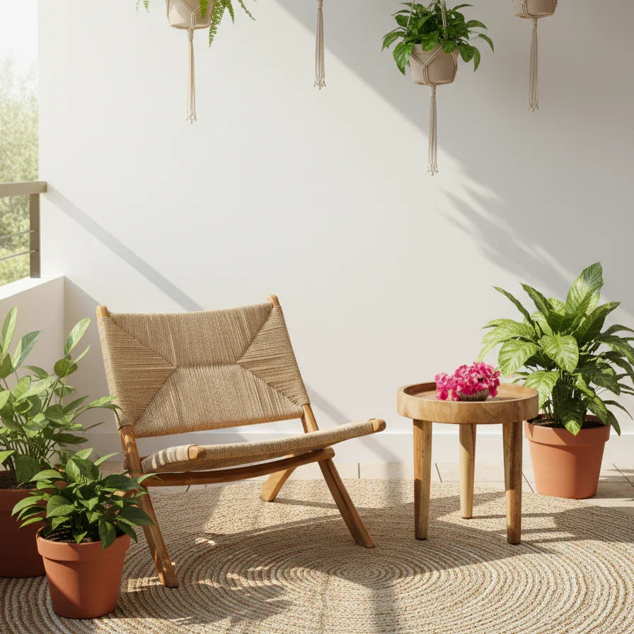 Handmade rope lounge chair and round wooden table with potted plants on a sunlit balcony, Kayu Living.