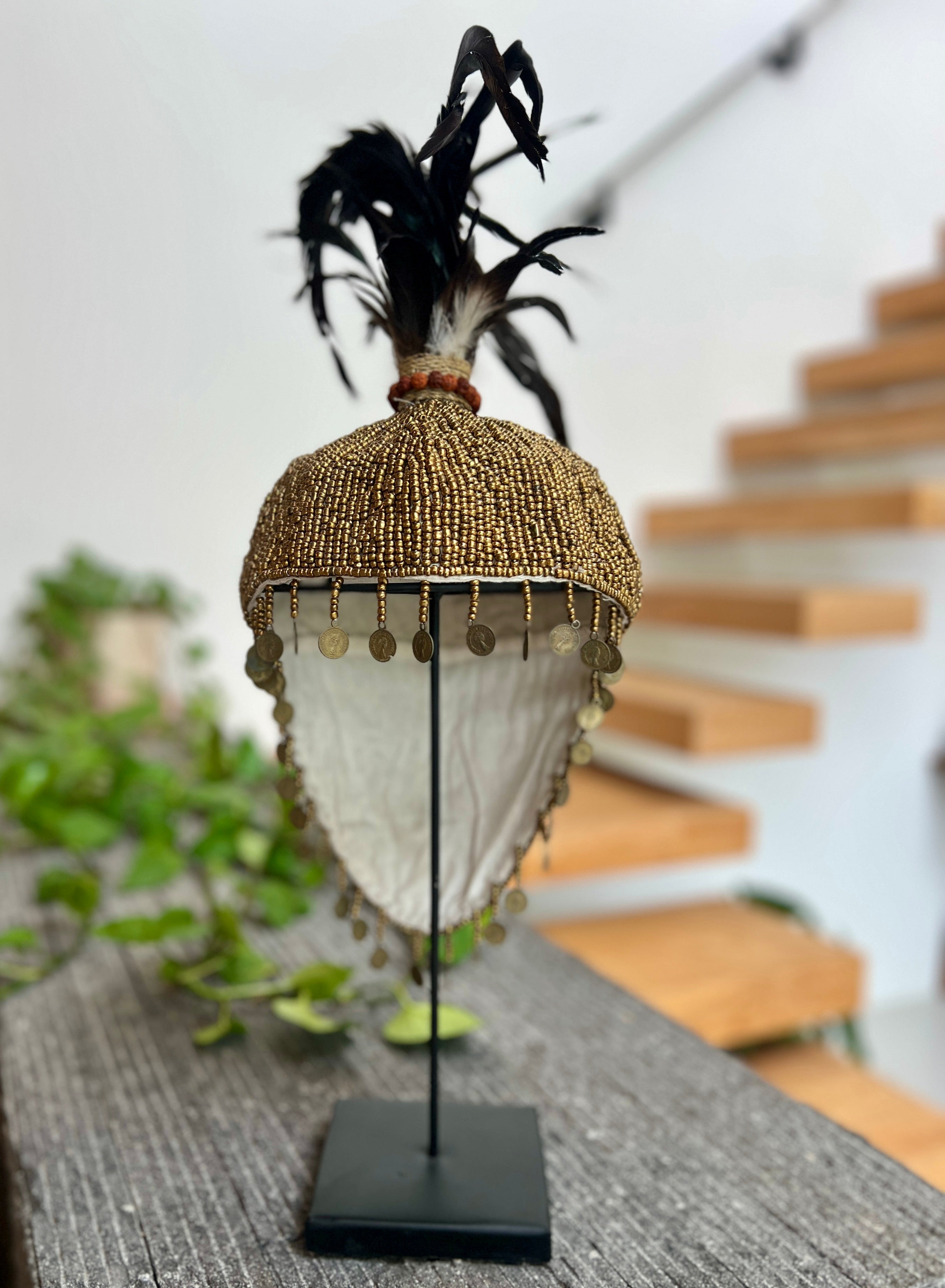 Beaded Hat - Gold on Stand