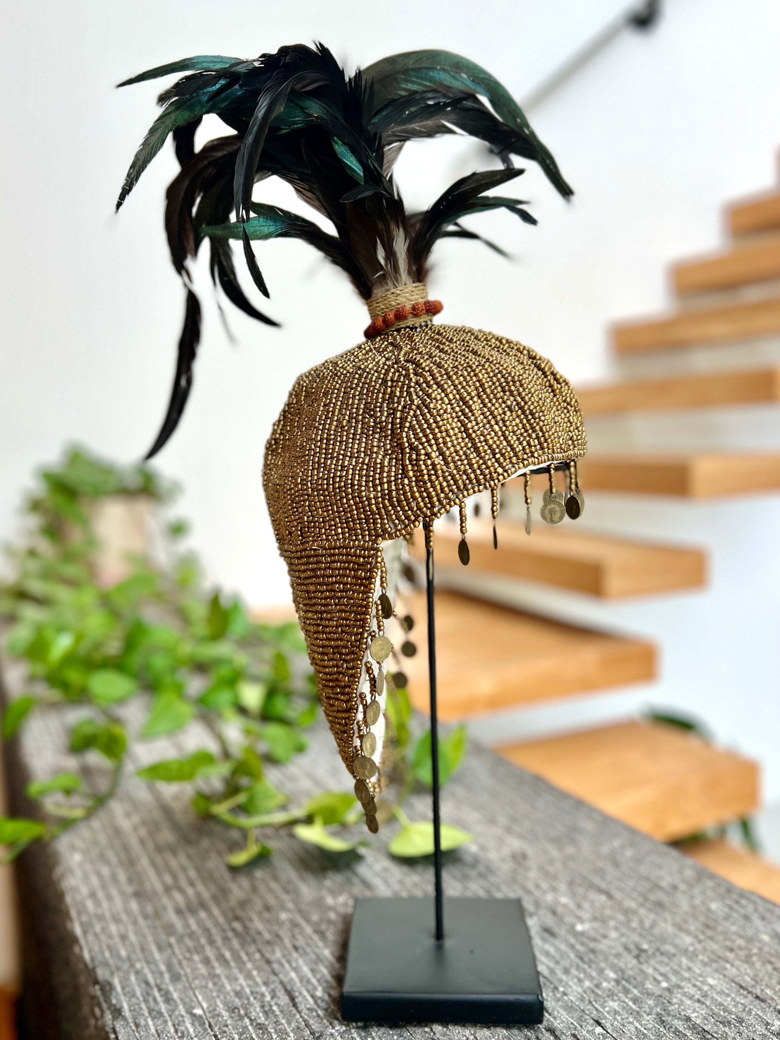 Beaded Hat - Gold on Stand