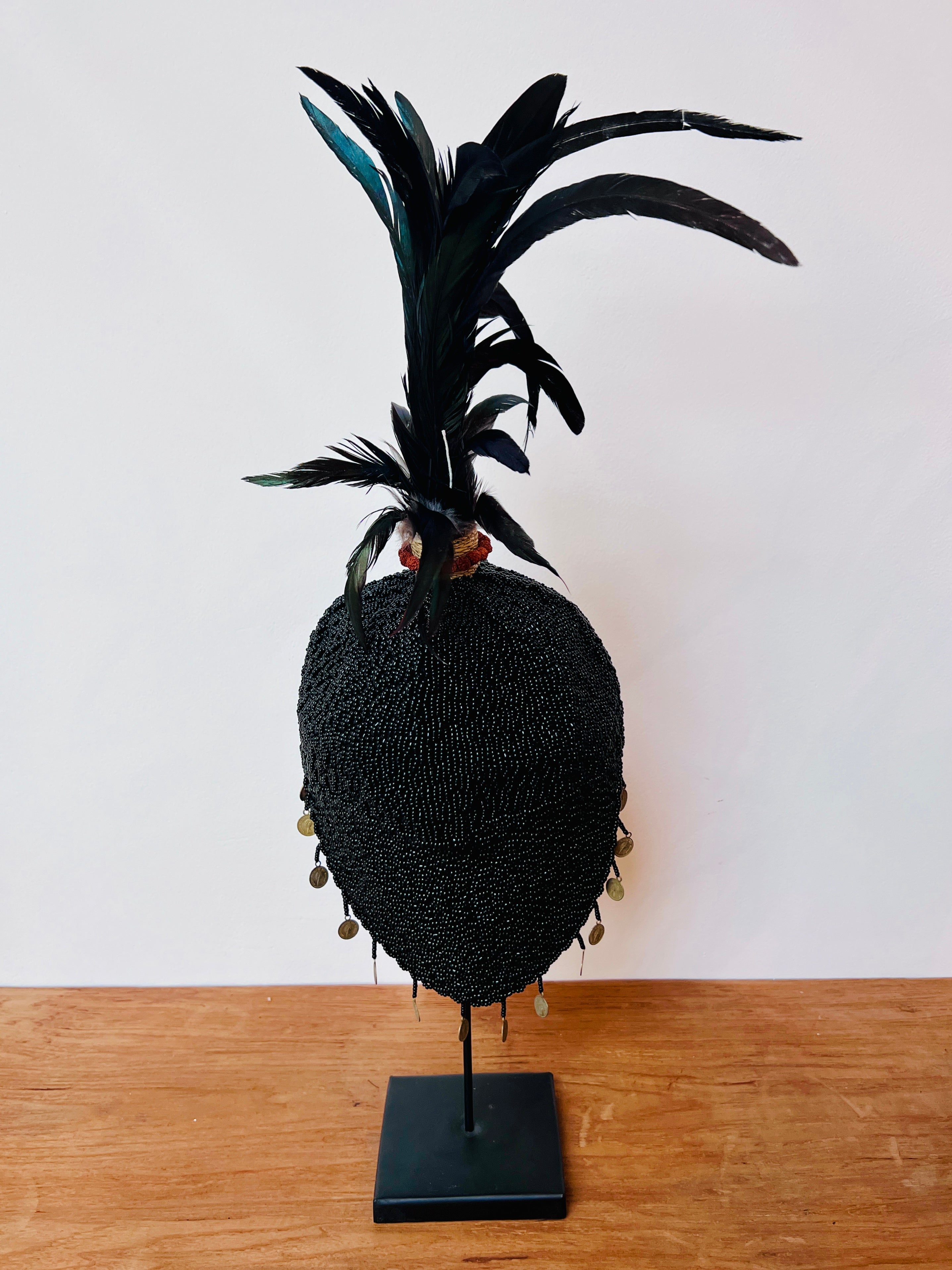 Beaded Hat - Black on Stand