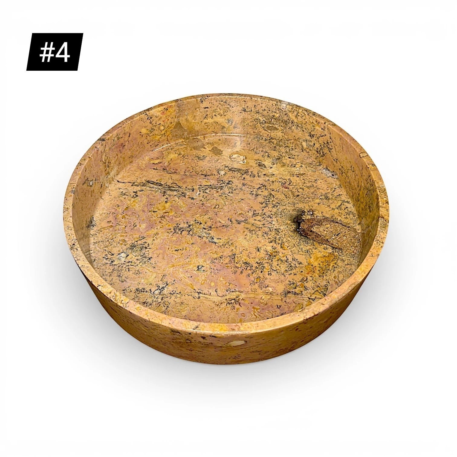 Onyx stone fruit bowl with a 35 cm diameter in caramel color, showcasing smooth, polished surface and elegant round shape.