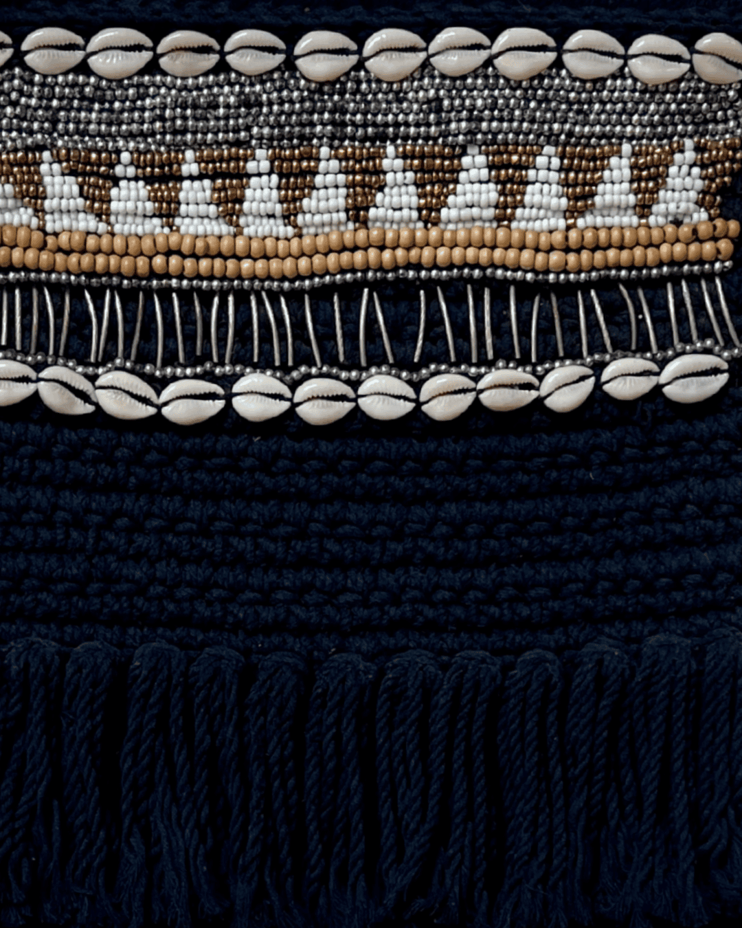 Close-up of a black fabric with bead and shell pattern