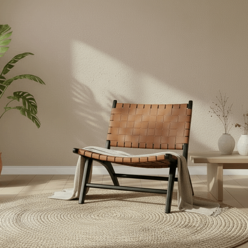 Cozy living room with a brown leather chair, round jute rug, and potted plants.