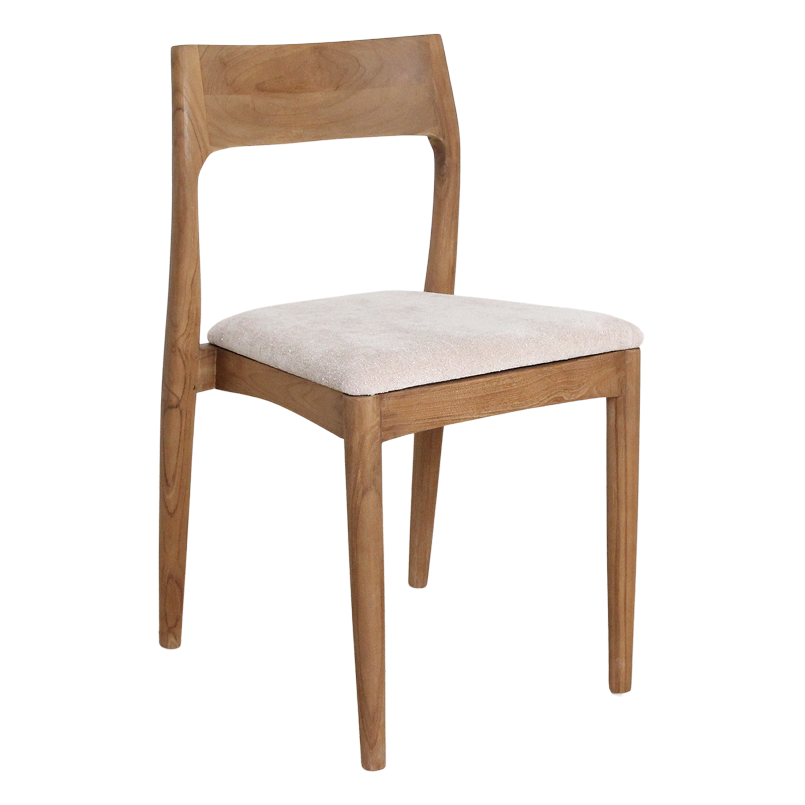 Pair of Raw Materials Freya teak dining chairs in cream with sleek wooden frames and cushioned seats, set of two.