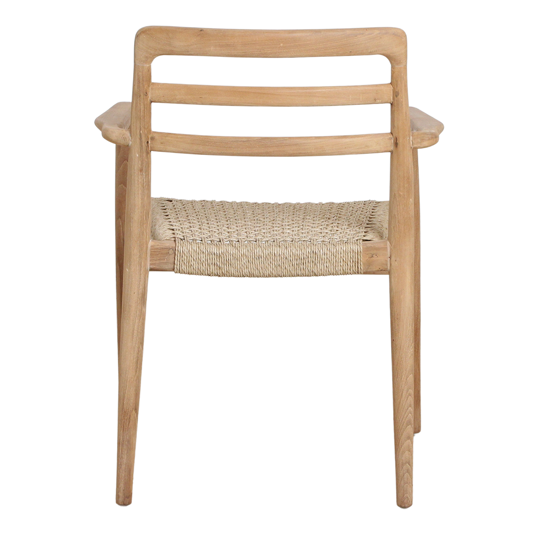 Pair of Raw Materials Verano teak dining chairs with armrests, featuring natural wood finish and contemporary design for dining room.