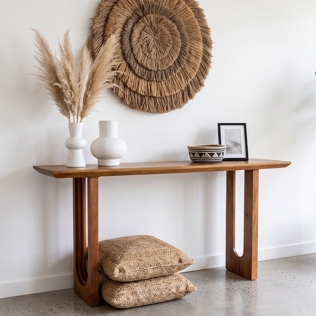 Raw Materials bullnose chamfered mango wood console table with smooth edges and natural finish, showcasing its elegant design.