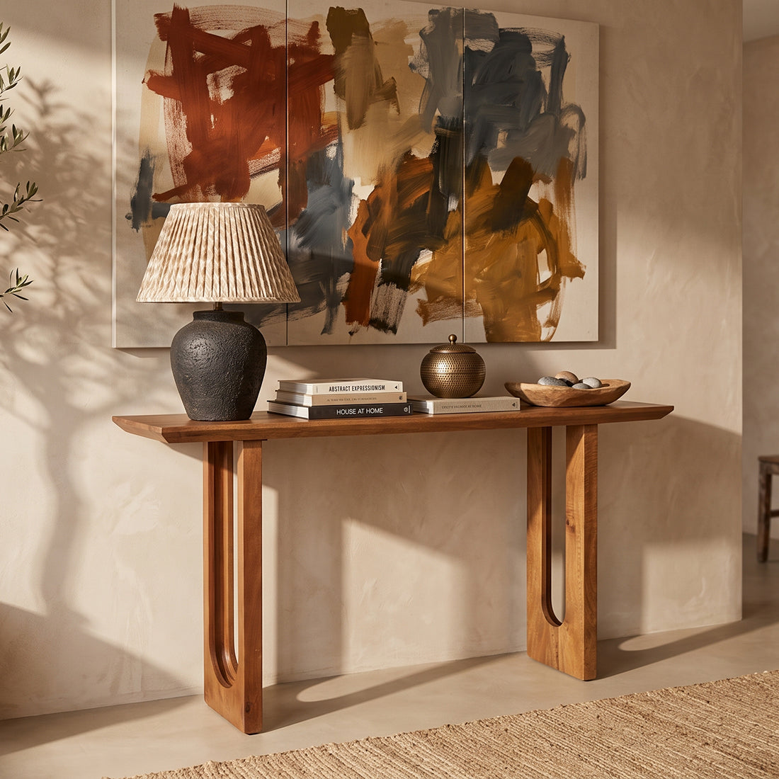 Raw Materials Bullnose Chamfered mango wood console table with sleek design and smooth finish, ideal for modern entryways or living rooms.
