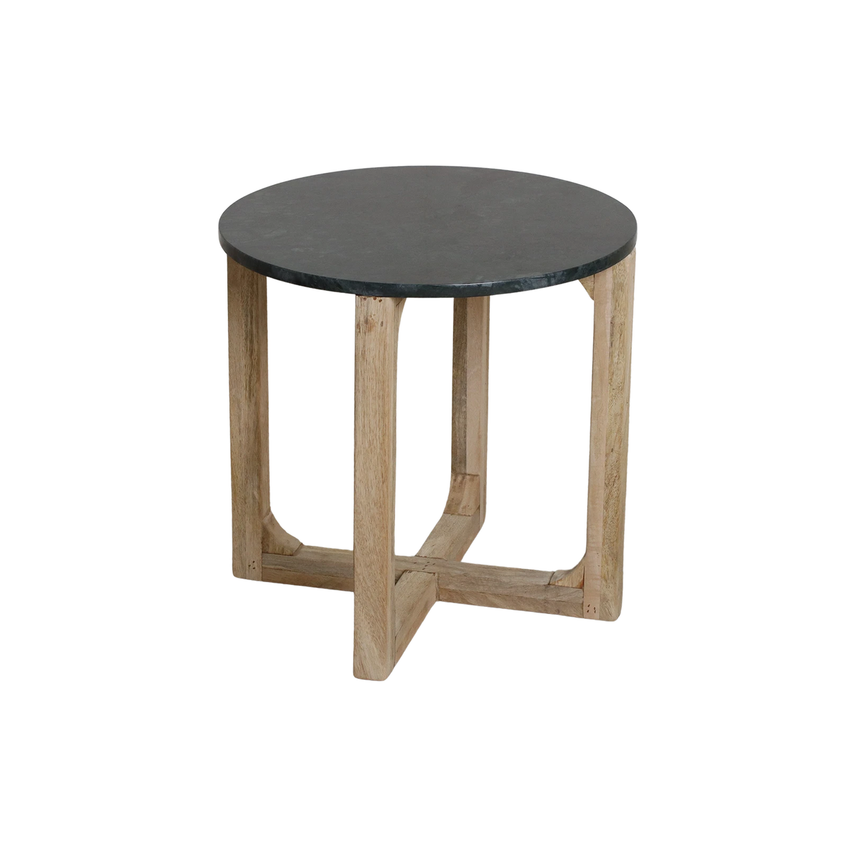 Green marble side table by Raw Materials, showcasing a sleek round design with natural marble pattern and modern style.