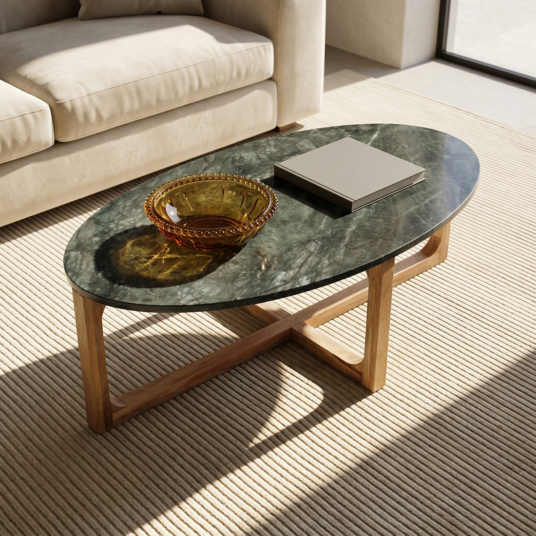 Green marble coffee table by Raw Materials with sleek rectangular design and polished surface.