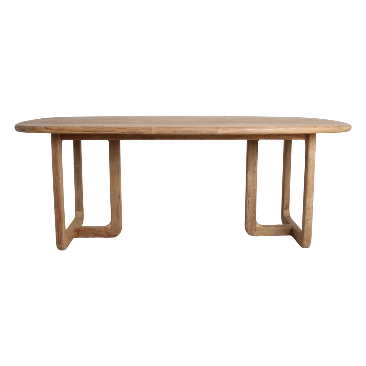 Teak wood dining table by Raw Materials, 200 cm long, with a smooth surface and natural wood grain finish.