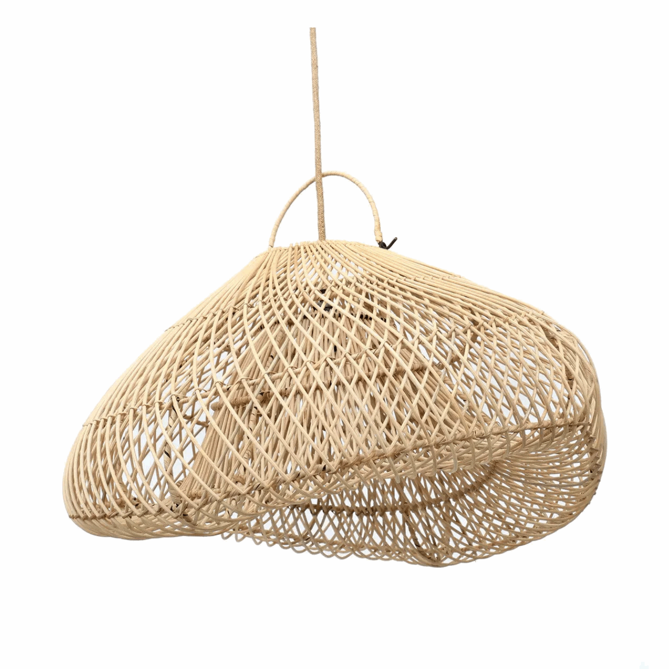 Woven pendant light fixture on a white background