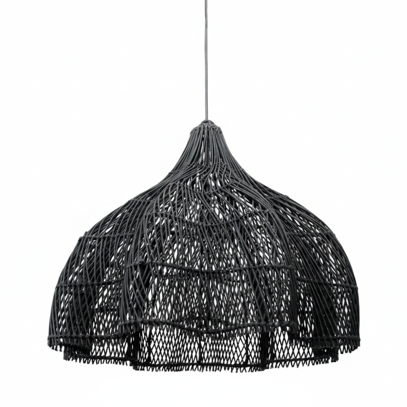Black woven pendant light on a white background