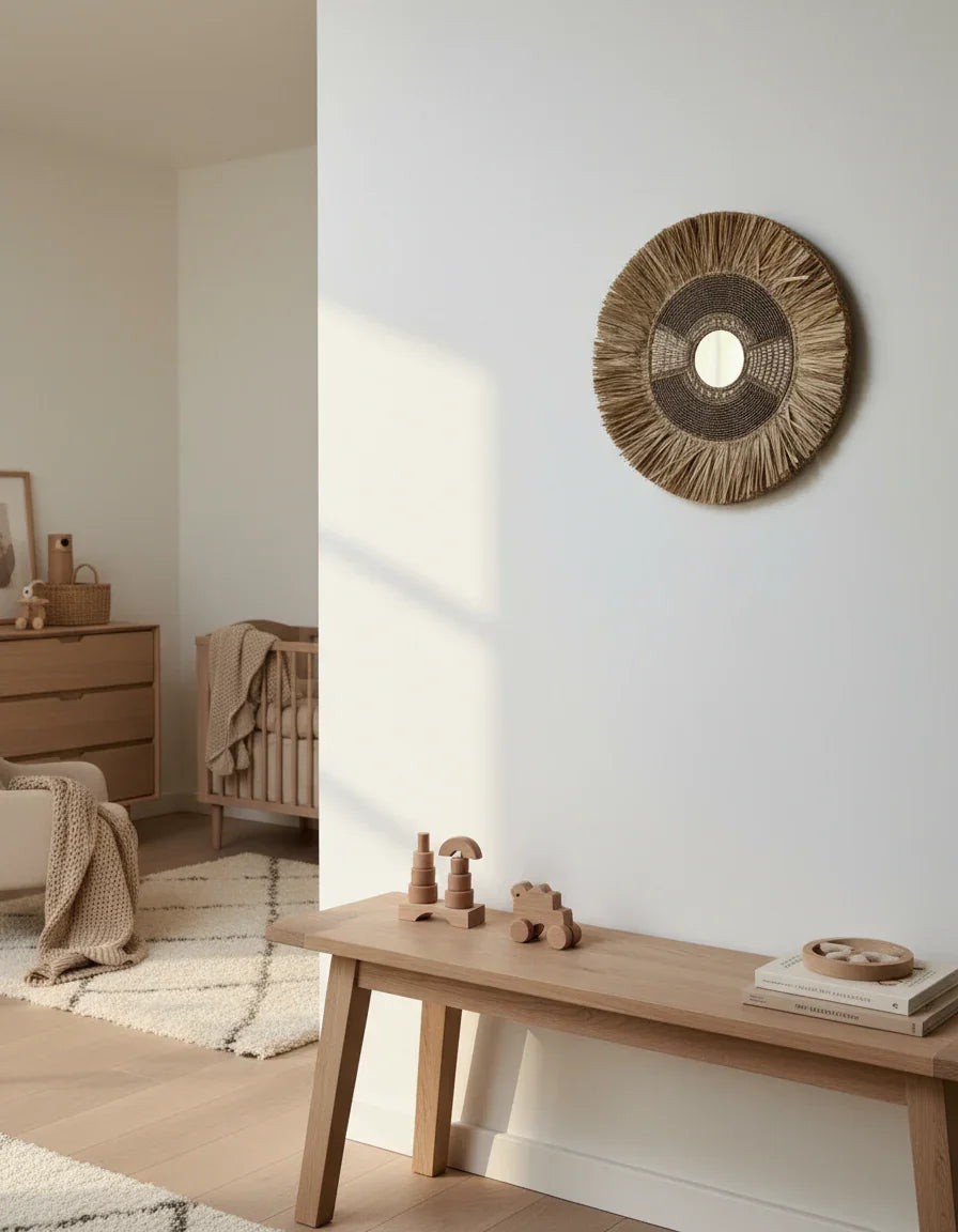 Handmade beaded shell and seagrass wall decor in a minimalist room with wooden furniture, Kayu Living