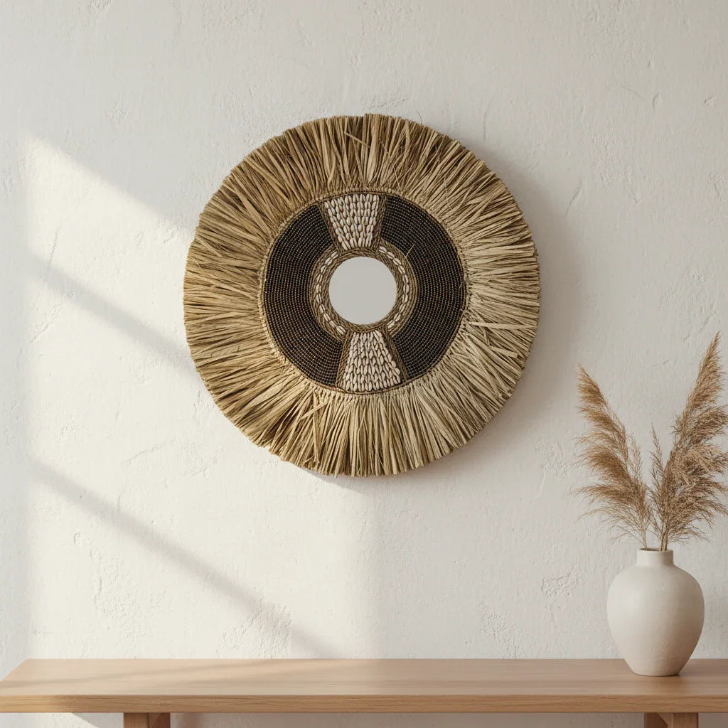 Handcrafted seagrass and beaded shell wall decor above minimalist wood table, Kayu Living