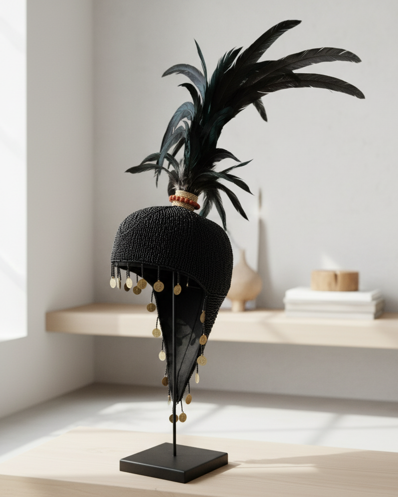 Beaded Hat - Black on Stand