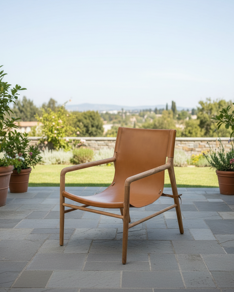 Brown leather chair with wooden frame on a white background
