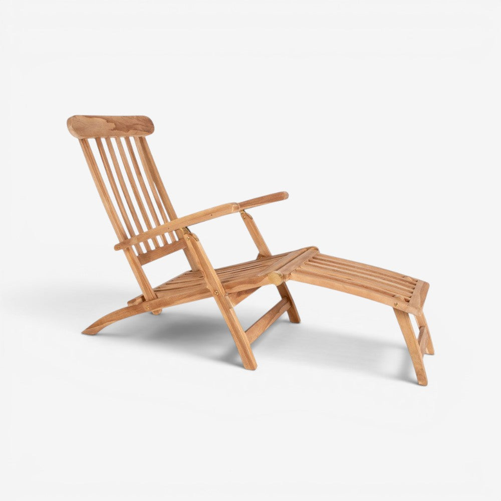 Kayu Living Arrecife natural teak adjustable reclining deck chair with footrest, white cushion. Outdoor patio furniture.