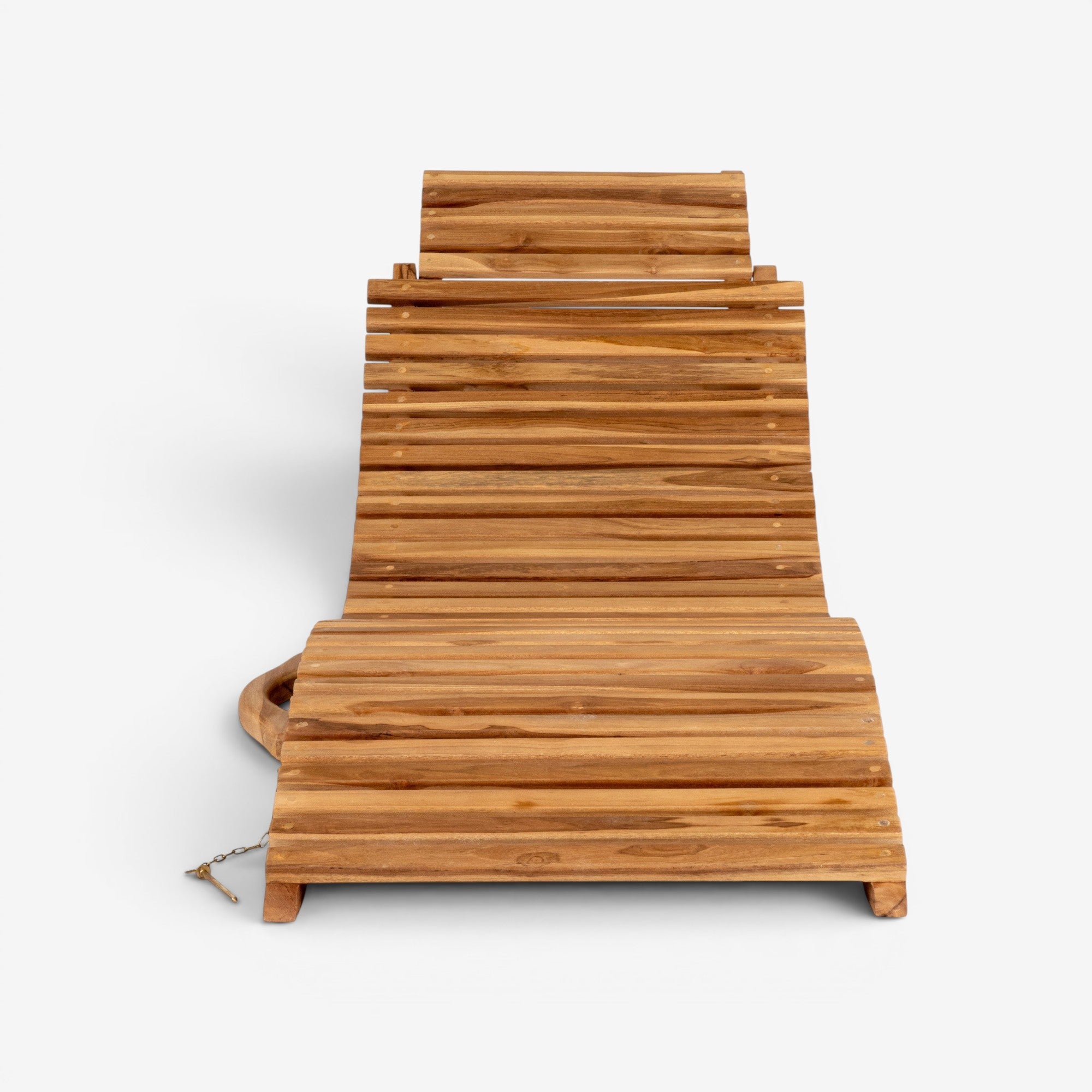 Kayu Living Arrieta natural teak sun lounger with adjustable backrest and wheeled base for outdoor lounging.