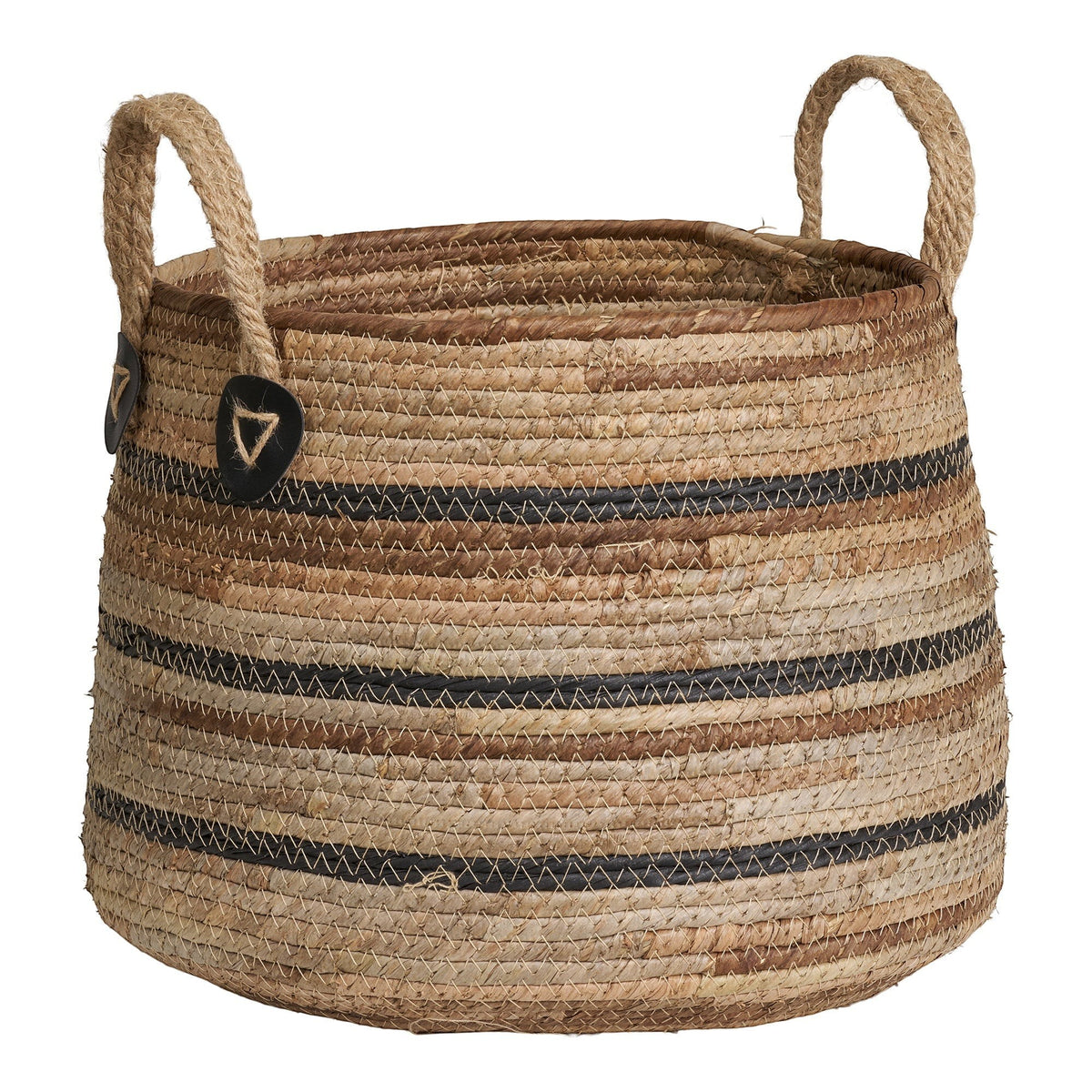 Kayu Living Erba set of 2 handcrafted natural banana-leaf baskets with black striped detail and rope handles.