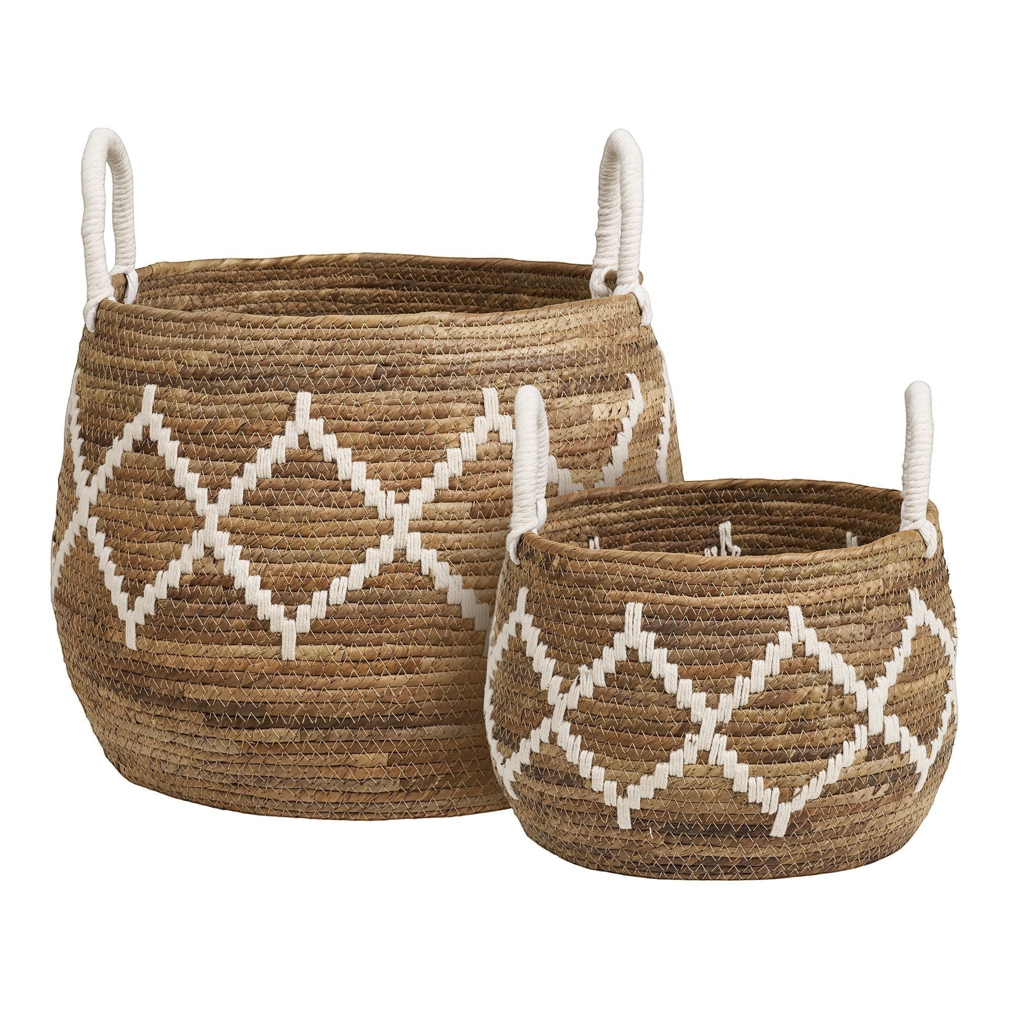 Kayu Living Altea set of two handcrafted banana-leaf storage baskets with natural brown and ivory diamond patterns.