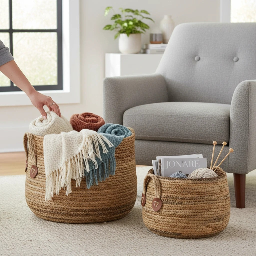 Kayu Living set of 2 handcrafted natural banana-leaf storage baskets with leather accents holding blankets and yarn.