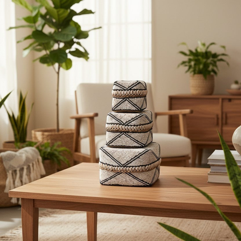 Kayu Living black and white beaded boxes with shells, handmade in Bali, geometric pattern, set of 3 sizes.