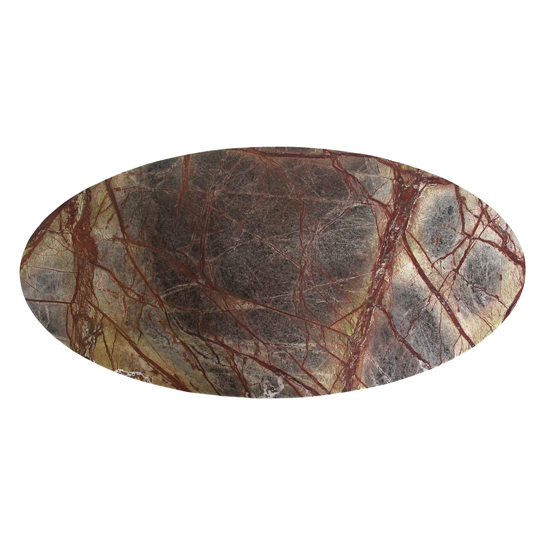 Kayu Living Bizar oval coffee table top featuring rich brown and green marble with intricate natural veining